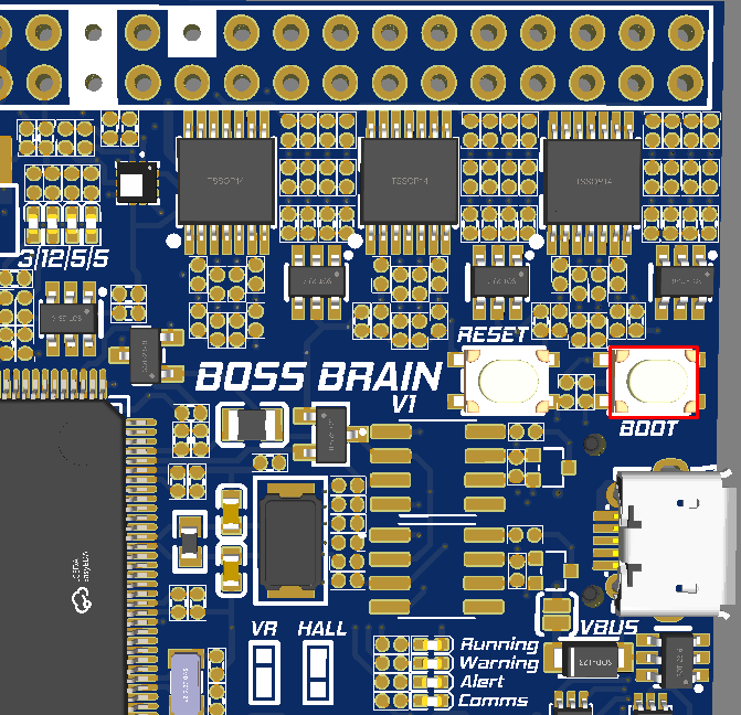 Location of the BOOT button on the Honduino OBD2 DPFI ECU board