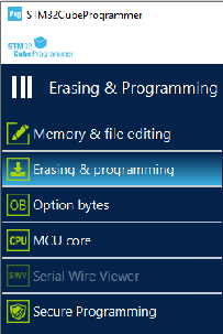 STM32CubeProgrammer erasing and programming menu