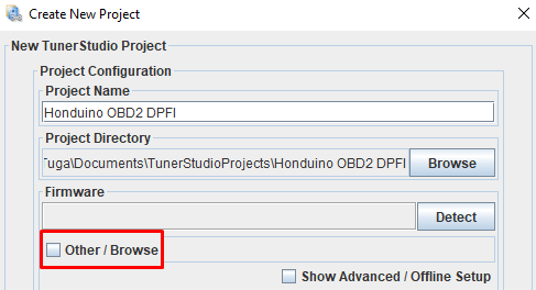 TunerStudio project creation wizard
