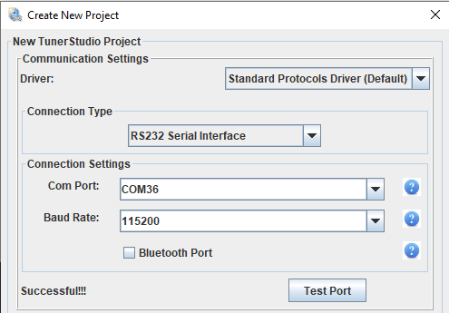 TunerStudio connection settings panel